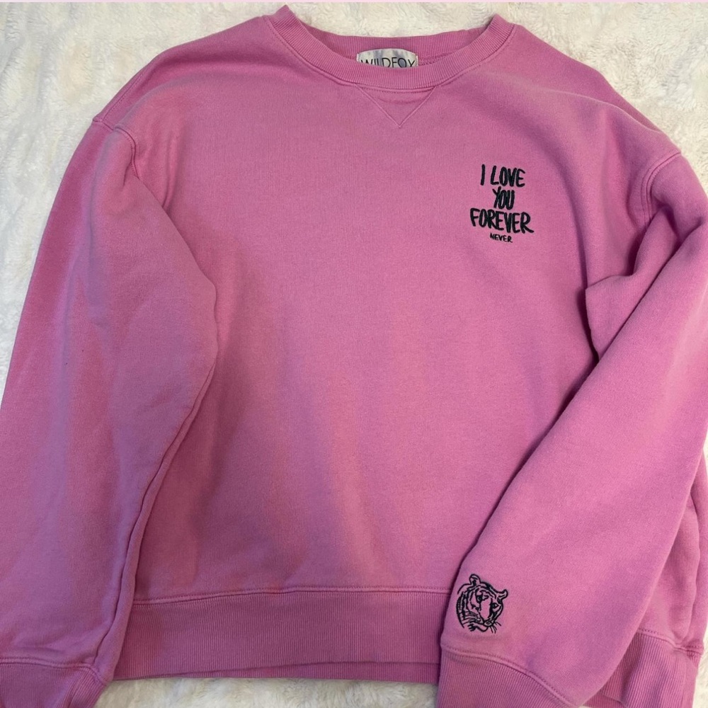 Wildfox Vibrant Pink Pullover ‘I love you forever, never’ size M. Worn once.